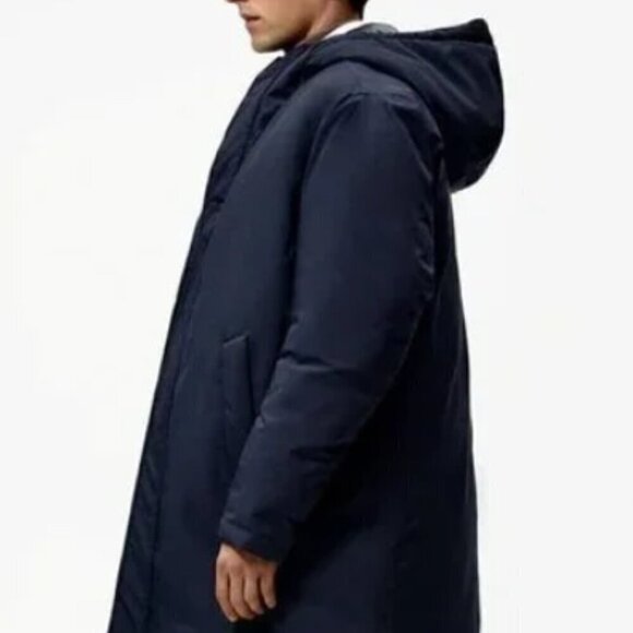ZARA NWOT Men's Hooded Puffer Parka Long Navy Blue Size Medium - Picture 2 of 16